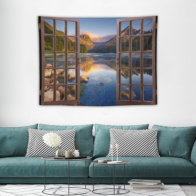 ZhiRain Mountain Scenery Tapestry Wall Hanging Wooden Window View Beautiful Lake Landscape Tapestries Home Decor for Living Room Bedroom Apartment Farmhouse Dorm 30"x40"