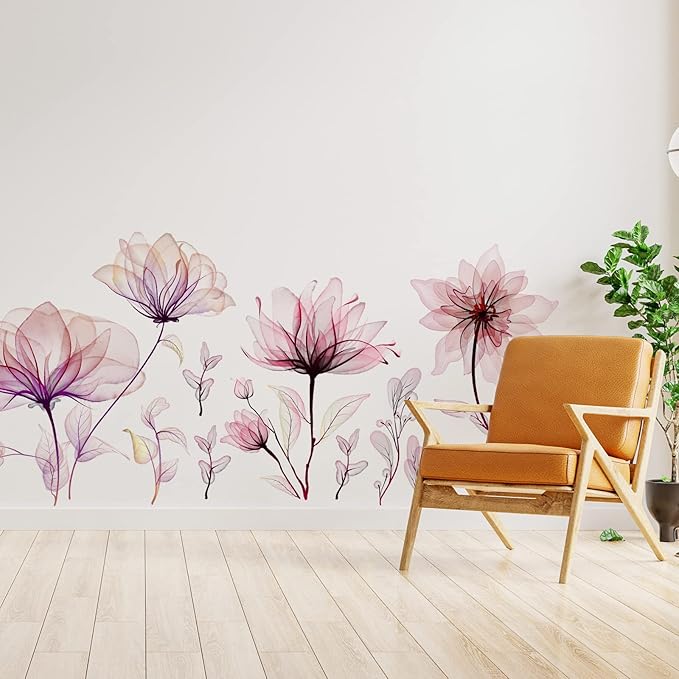 Zonon 6 Pcs Flowers Wall Decals Stickers Vinyl Removable Peel and Stick Colorful Dragonflies Floral Wall Murals Decor for Bedroom Living Room Nursery(Pink Flower)
