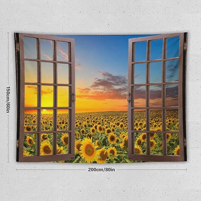 ZhiRain Sunflowers Scenery Tapestry Wall Hanging Through The Window Fields Sunset Landscape Tapestries Home Decor for Living Room Bedroom Apartment Farmhouse Dorm 60"x80"
