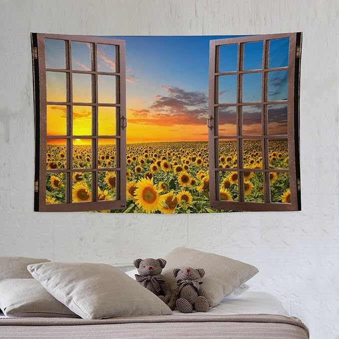 ZhiRain Sunflowers Scenery Tapestry Wall Hanging Through The Window Fields Sunset Landscape Tapestries Home Decor for Living Room Bedroom Apartment Farmhouse Dorm 40"x60"