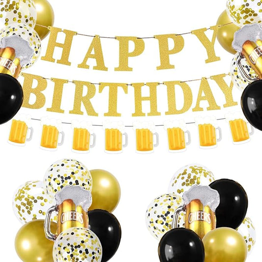 ZHENGYE Gold Birthday Party Decorations Set Beer Happy Birthday Banner Beer Banner Beer Balloons Latex Balloon Beer Themed Party Men Women Birthday Party Decorations