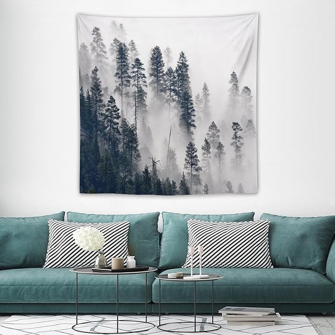 ZhiRain Misty Forest Landscape Tapestry Wall Hanging Wooden Window Forest Mountain Rustic Tapestries Home Decor for Living Room Bedroom Apartment Farmhouse Dorm 60"x60"