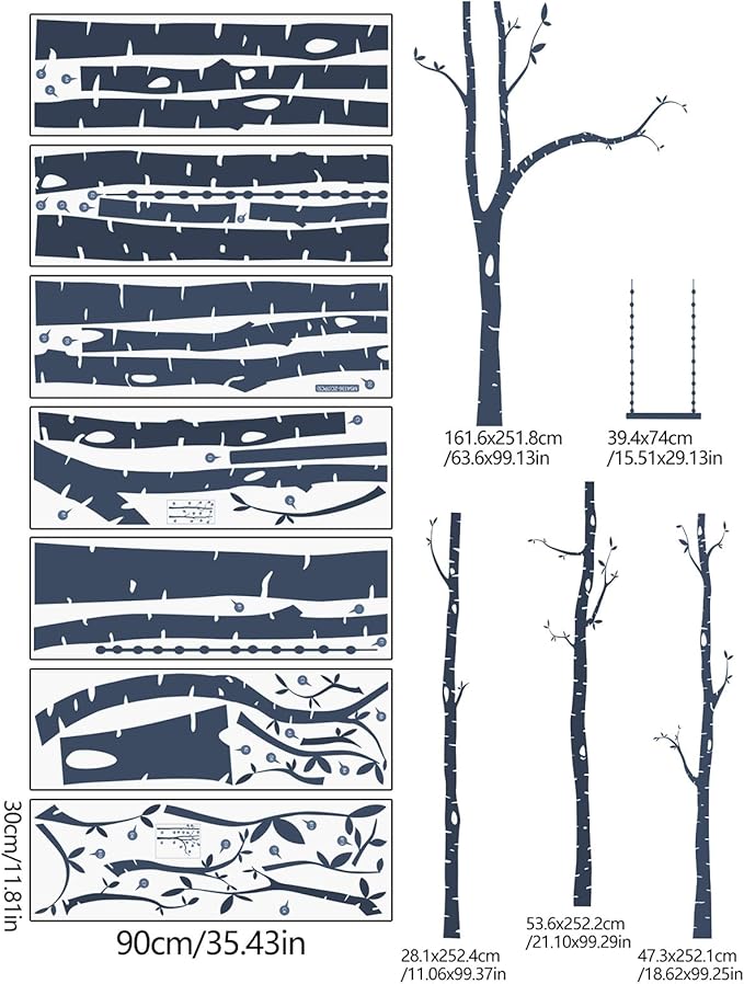 Yeysynana Large Tree Wall Decals Huge Size Birch Tree Forest Wall Art Peel and Stick DIY Wall Stickers for Nursery Kids Bedroom Living Room Wall Decor (Blue)