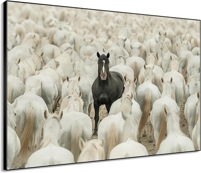 36"x46" XL Framed Wall Art - Unique Black Horse Amidst White Herd Animal (Frame Assembly Required)