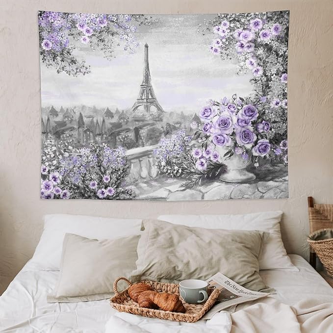ZhiRain Vintage Paris Tapestry Wall Hanging Eiffel Tower Purple Rose Flower Spring Cityscape Gray Tapestries Home Decor for Living Room Bedroom Apartment Farmhouse Dorm 60"x80"