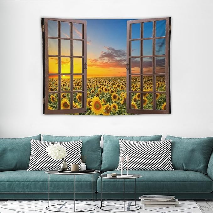 ZhiRain Sunflowers Scenery Tapestry Wall Hanging Through The Window Fields Sunset Landscape Tapestries Home Decor for Living Room Bedroom Apartment Farmhouse Dorm 30"x40"
