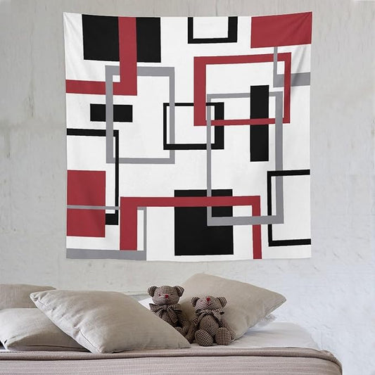 ZhiRain Red Tapestry Wall Hanging Mid Century Modern Geometric Abstract Red Black Grey Square White Backdrop Tapestries Home Decor for Living Room Bedroom Apartment Farmhouse Dorm 60"x60"