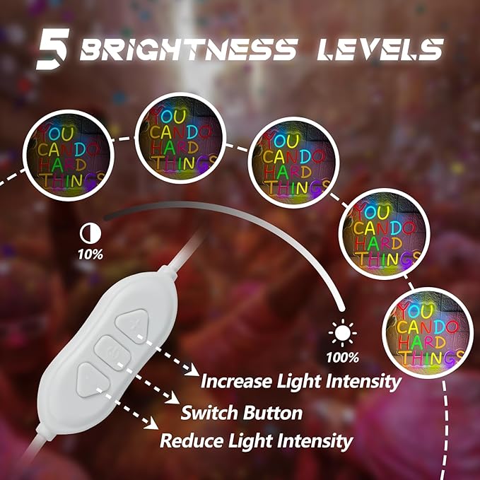 You Can Do Hard Things Neon Sign,Motivational LED Signs for Wall Decor,USB Powered Dimmable Neon Light for Classroom Office Library Kids Wall Art Bedroom Game Room Birthday Party Backdrop Decoration