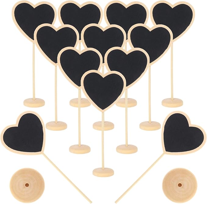 12Pcs Mini Heart Chalkboards Black Board with Stand for Message Board Signs Wood Small Chalkboard Signs for Wedding, Birthday Parties, Table Numbers, Food Signs and Special Event Decoration