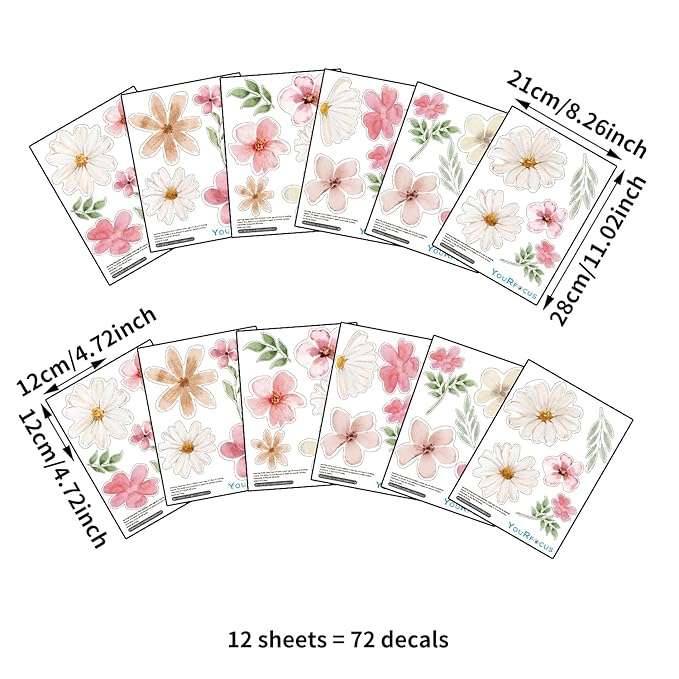 YouRfocus Daisy Watercolor Wall Decals | 68 PCS Boho Flower Stickers for Girls' Rooms, Playrooms, and Nurseries | Dual Layer Print for High Coverage | Removable Peel and Stick Wall Decor | 12 Sheets