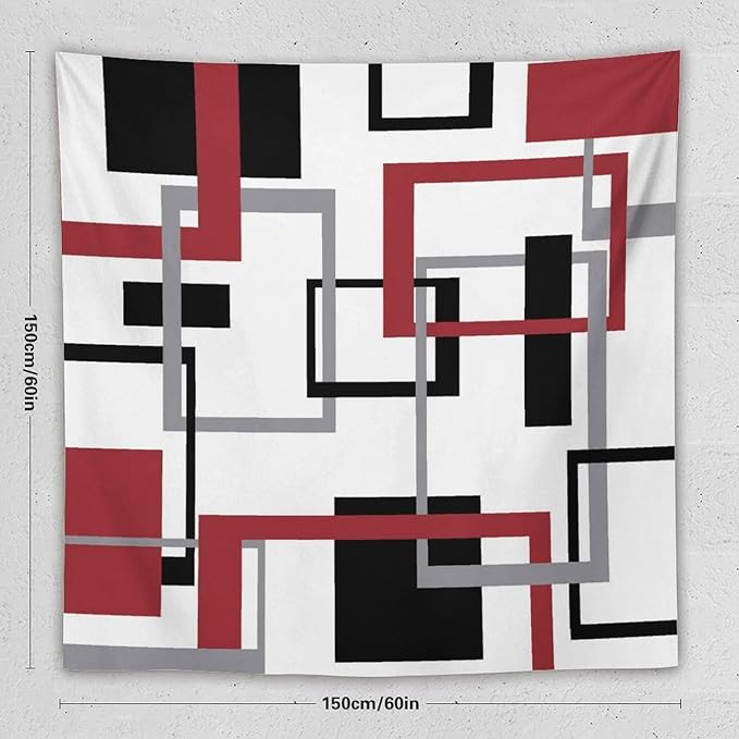 ZhiRain Red Tapestry Wall Hanging Mid Century Modern Geometric Abstract Red Black Grey Square White Backdrop Tapestries Home Decor for Living Room Bedroom Apartment Farmhouse Dorm 60"x60"