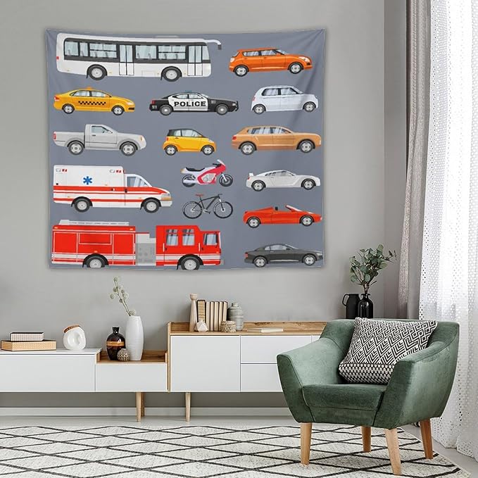 ZhiRain Transportation Tapestry Wall Hanging Various Vehicles Cartoon Cars Bus Police Car, Ambulance Tapestries Home Decor for Living Room Bedroom Apartment Farmhouse Dorm 50"x60"