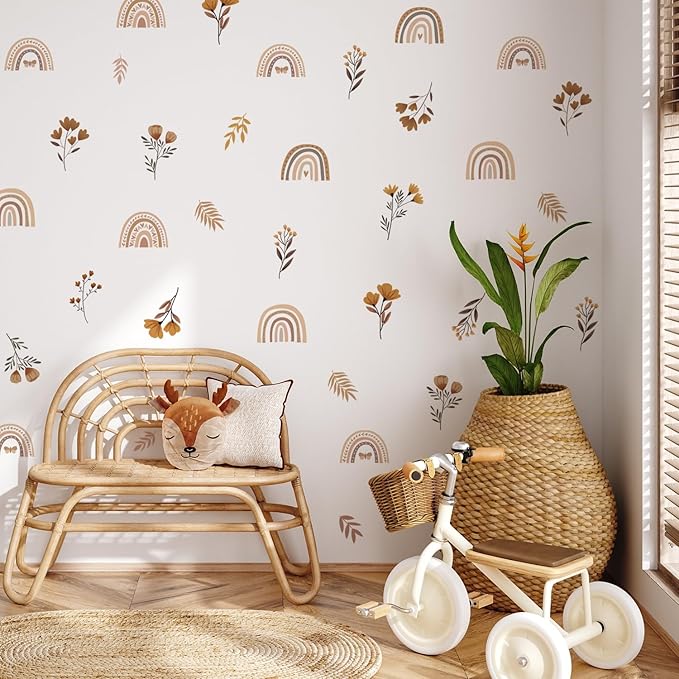 YouRfocus Boho Rainbow Floral Wall Decals for Nursery & Kids Room – Set of 96 Removable Peel and Stick Wall Stickers, Neutral Boho Home Decor (12 Sheets