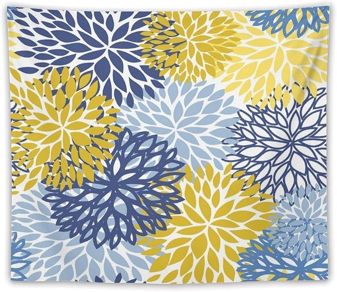 ZhiRain Blue Yellow Floral Tapestry Wall Hanging Boho Dahlia Chrisanthemum Flowers Pattern Tapestries Home Decor for Living Room Bedroom Farmhouse Apartment Dorm 50"x60"