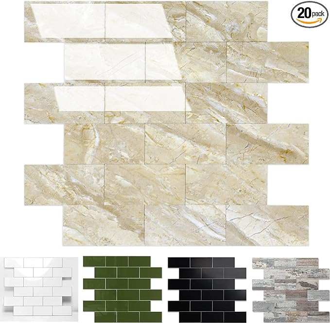 20-Pack Peel and Stick Tile Backsplash 12"X12" PVC Wall Tiles, Stick on Backsplash for Kitchen, Bathroom Tile, Fireplace Décor, Laundry Table, Stair Decals in Vintage Polished Beige