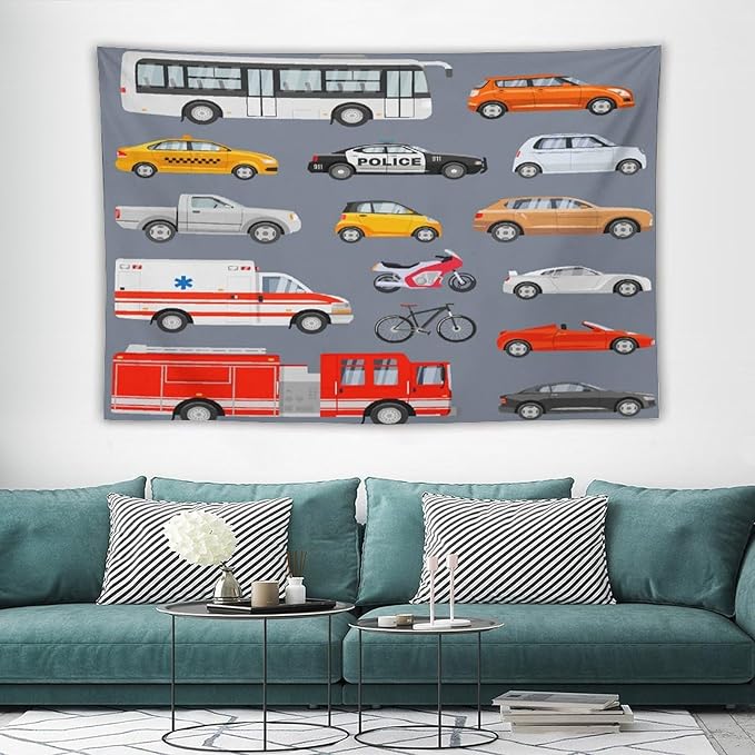 ZhiRain Transportation Tapestry Wall Hanging Various Vehicles Cartoon Cars Bus Police Car, Ambulance Tapestries Home Decor for Living Room Bedroom Apartment Farmhouse Dorm 60"x90"