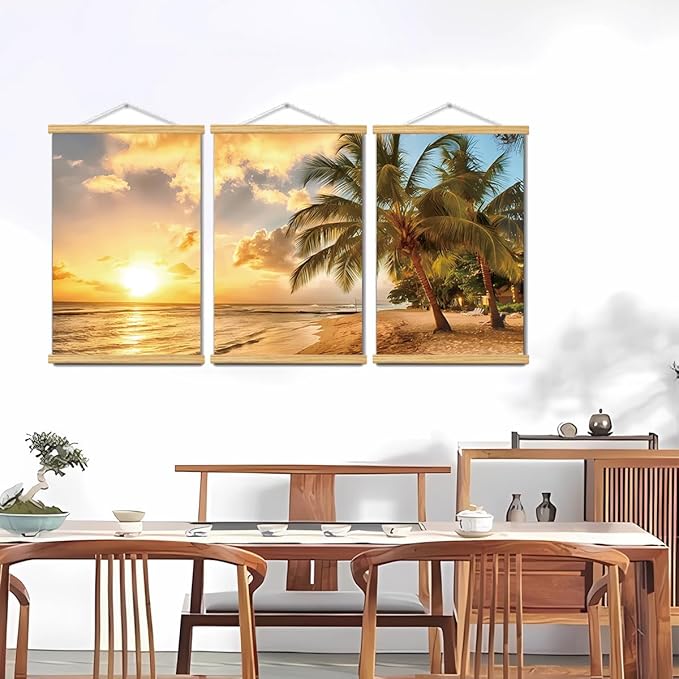 3pcs Beach Canvas Wall Art, Canvas Art with Frames, For Office Home Decor Bedroom Living Room Wall Decor. (Yellow Beach 29L x 20W, Framed)