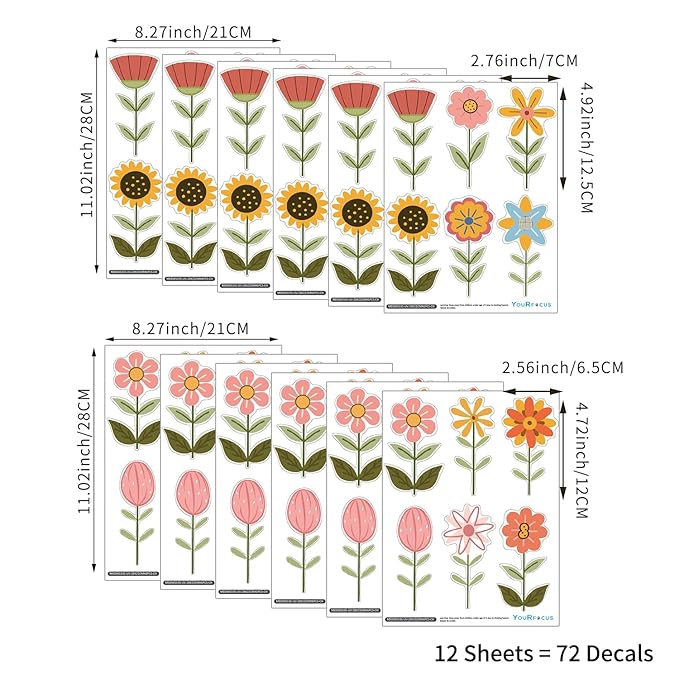 YouRfocus Boho Flower Wall Decals for Nursery & Kids Room – Set of 72 Floral Wall Stickers, Removable Peel and Stick Boho Home Decor, Pastel Wall Art (12 Sheets)