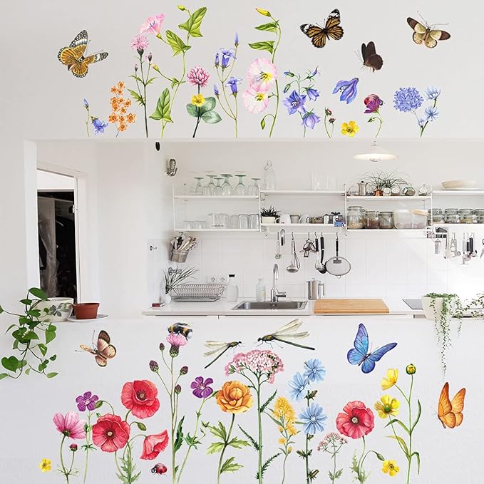 6 Pieces Flowers Wall Decals Vinyl Flowers Wall Stickers Removable Floral Murals Peel and Stick Colorful Flower Decor for Girls Bedroom Living Room Nursery (Butterfly and Dragonfly)