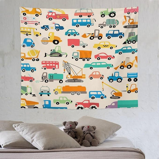 ZhiRain Cartoon Cars Print Tapestry Wall Hanging Cartoon Shovel And Trucks Tapestries Home Decor for Living Room Bedroom Apartment Farmhouse Dorm 50"x60"