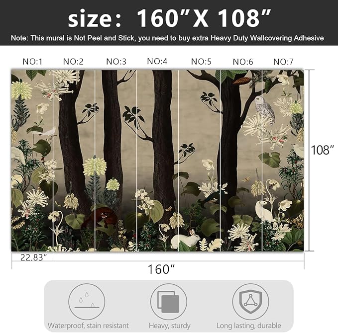 YIHWM -Tropical Botanical Birds and Flowers Dark Backdrop Large Fabric Wallpaper Plant Animals Jungle Bedroom Bathroom Wall Mural- 160"x108"（ not Peel and Stick）