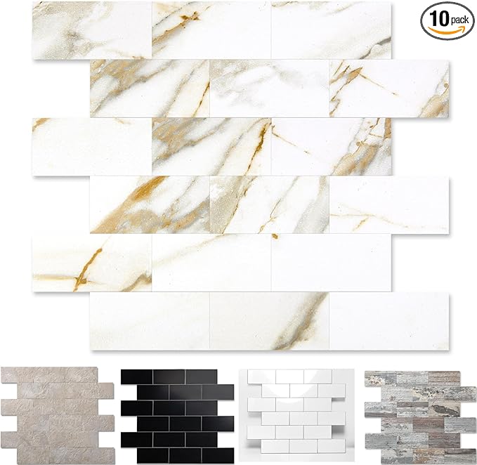 10-Pack Peel and Stick Tile Backsplash 12"X12" PVC Wall Tiles, Stick on Backsplash for Kitchen, Bathroom Tile, Fireplace Décor, Laundry Table, Stair Decals in Cala Golden