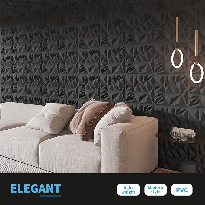 Art3d 33-Pack 3D Wall Panels for Interior Wall Decor, Modern Diamond Textured Accent Wall Paneling for Gaming Living Room TV Wall Background, 12 x 12 inch Black