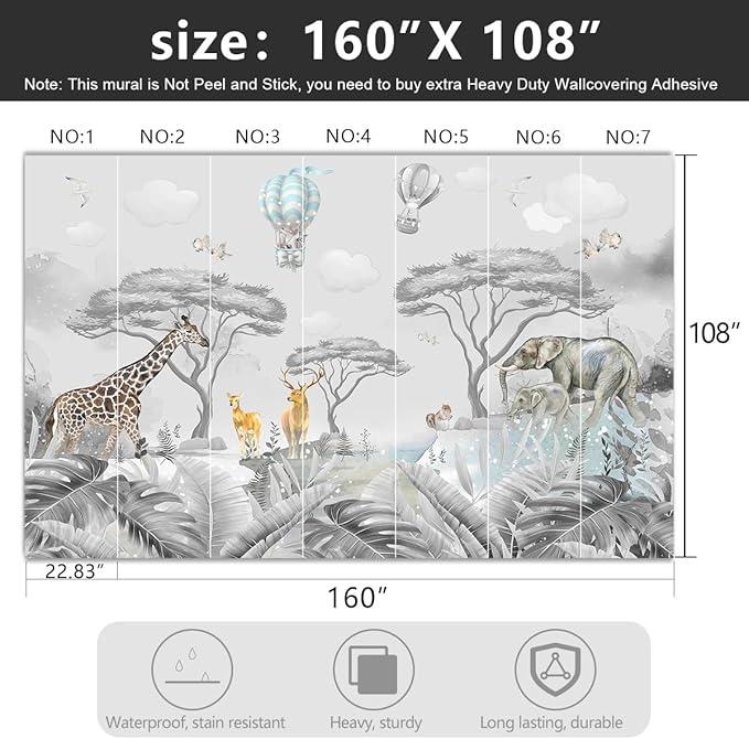 YIHWM -Tropical Rainforest Plants Animals Tigers Fabric Wallpaper Jungle Plants Banana Leaves Boys Girls Kindergarten Children Bedroom Large Mural- 160"x108"（ not Peel and Stick）