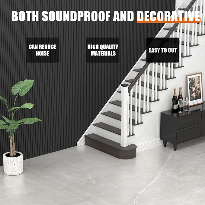 2 PCS wooden slats sound-absorbing panels, 3D groove wood grain sound absorbing panels, stylish decoration, significant noise reduction effect, suitable for walls and ceilings (Matte Black)