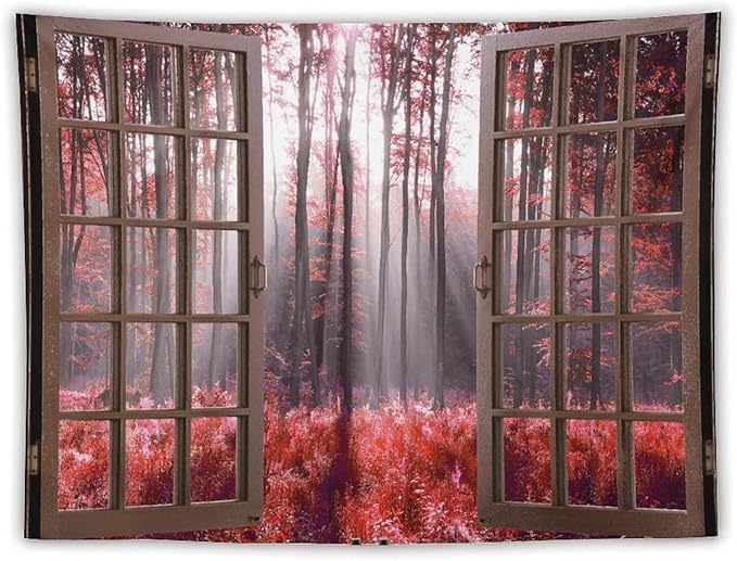 ZhiRain Red Forest Tapestry Wall Hanging Season Foggy Nature And Enchanted Woods Wild Trees Print Tapestries Home Decor for Living Room Bedroom Apartment Farmhouse Dorm 60"x80"