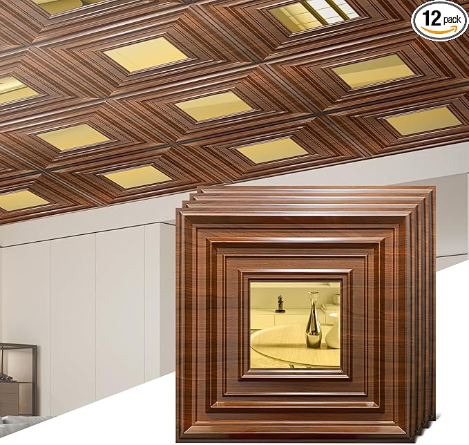 12 Pack PVC Ceiling Tiles 19.7"x19.7" – Gold Mirror & Wood Grain 3D Wall Panels for Wall and Ceiling Decoration,Cover 32.3 Sq.Ft – Waterproof,Lightweigh(Dark Brown, Gold)