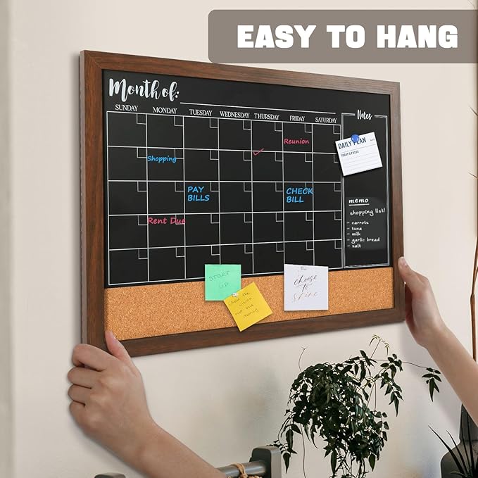 4 THOUGHT Chalkboard Calendar Corkboard Combo, 18" x 24" Bulletin Board Magnetic Calendar Chalkboard for Wall Combination Board Monthly Planner Rustic Brown Frame 4 Markers 8 Magnets 10 Pushpins