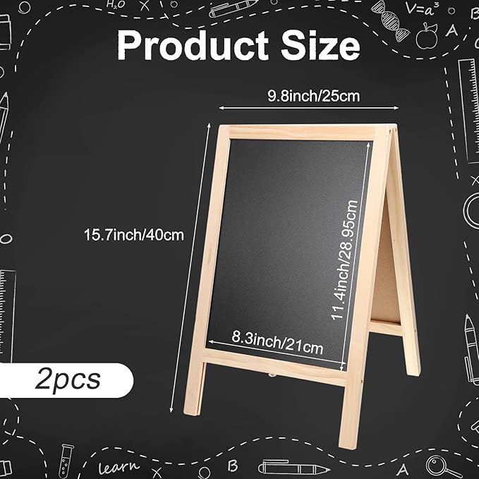 2 Pcs 15.7 x 9.8 Inch Small Chalkboard Signs Chalkboard Easel Tabletop Menu Wooden A Frame Sandwich Board Double Sided with 2 Erasers for Bar Wedding Parties Display Home Decor Sidewalk (Wooden)
