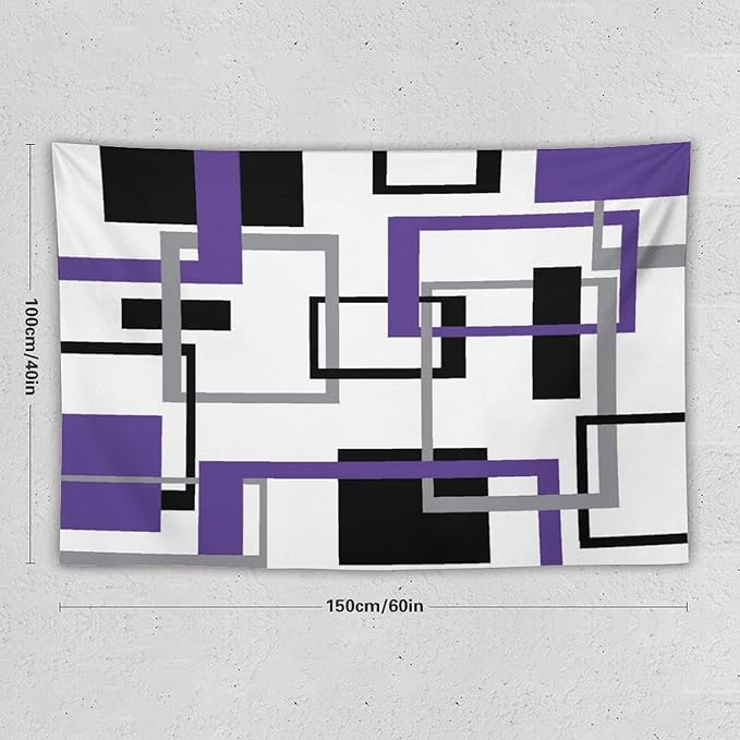 ZhiRain Purple Tapestry Wall Hanging Mid Century Modern Geometric Abstract Lavender Black Grey Square White Backdrop Tapestries Home Decor for Living Room Bedroom Apartment Farmhouse 40"x60"
