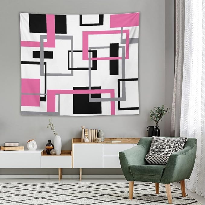 ZhiRain Pink Tapestry Wall Hanging Modern Geometric Abstract Pink Grey White Background Mid Century Square Tapestries Home Decor for Living Room Bedroom Apartment Farmhouse Dorm 50"x60"