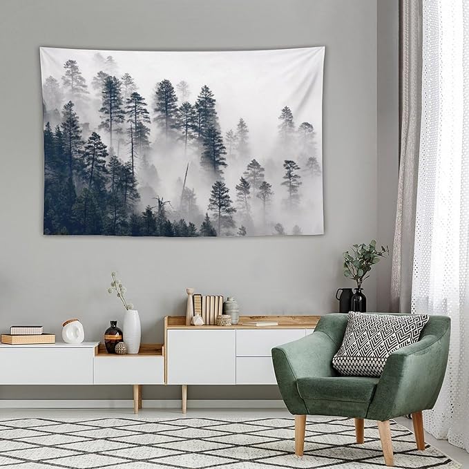 ZhiRain Misty Forest Landscape Tapestry Wall Hanging Wooden Window Forest Mountain Rustic Tapestries Home Decor for Living Room Bedroom Apartment Farmhouse Dorm 60"x90"