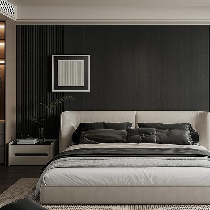 YLL YLL 6-Pack Slat Wall Panel with 2 Trims Wood Grain Slat Wall 96" x 6.2" WPC Slats 3D Wall Panels Black Grille