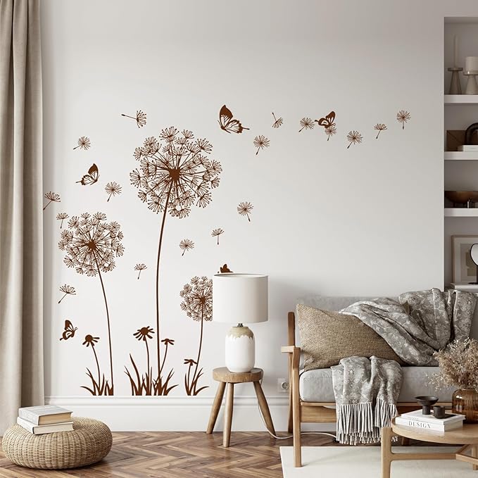 2 Sheets Dandelion Wildflower Wall Decals Art, Wall Art Stickers Peel and Stick Floral Butterflies Flying Decor for Girls Kids Women Baby Nursery Living Room Bedroom Bathroom Hallway Stairwell (Brown)