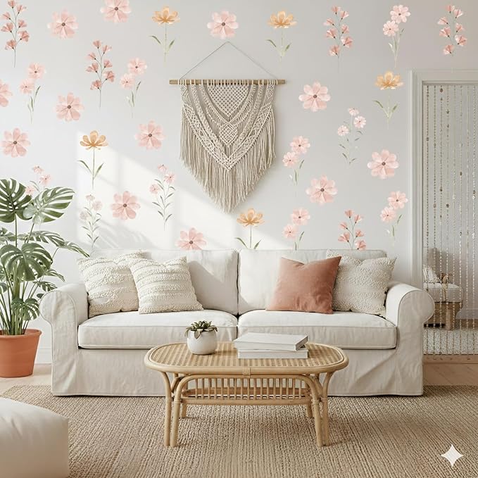 48 PCS Boho Flower Stickers Daisy Wall Decals for Girls' Rooms, Playrooms, and Nurseries Dual Layer Print for High Coverage Removable Peel and Stick Wall Decor