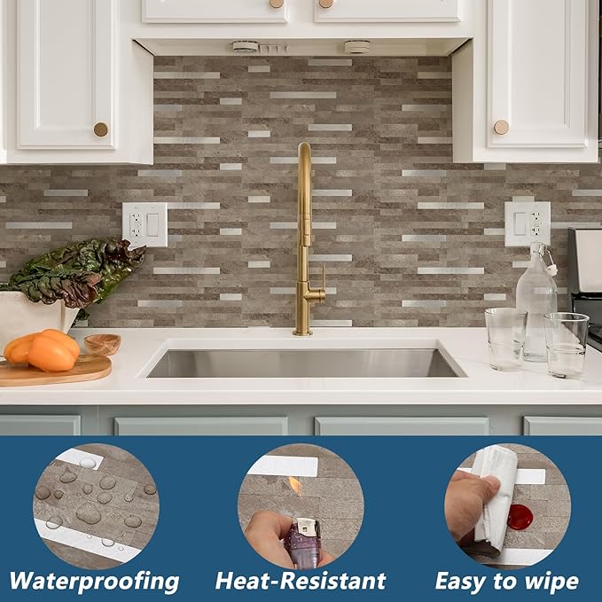 Yipscazo 20 Sheets PVC Wall Tiles Stick on Tiles for Backsplash Kitchen, Bathroom, Laundry Room, Camper, Fireplace (6'' X 12'', Brownish Stone)