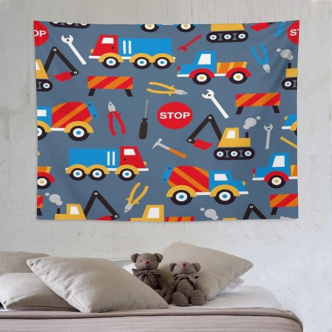 ZhiRain Cartoon Bulldozer Truck Tapestry Wall Hanging for Kids Bedroom, Cartoon Tractor Tapestries Home Decor for Living Room Bedroom Apartment Farmhouse Dorm 60"x80"