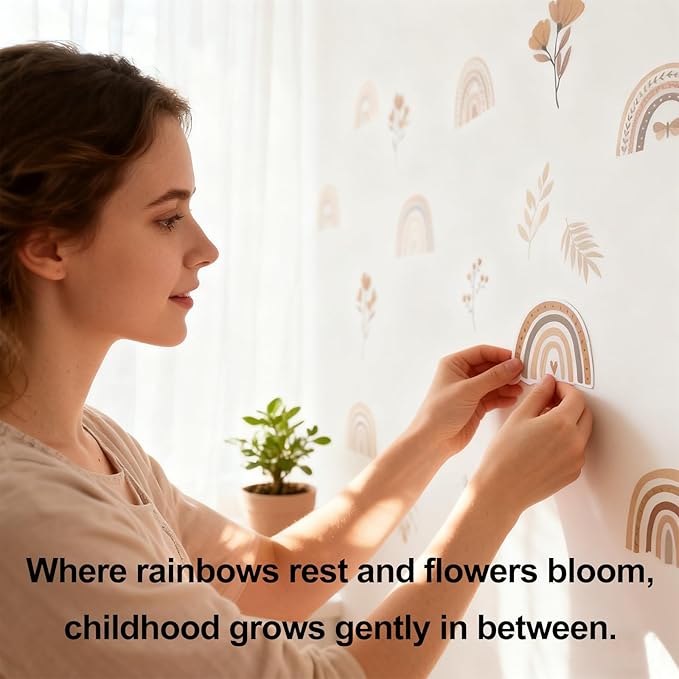 YouRfocus Boho Rainbow Floral Wall Decals for Nursery & Kids Room – Set of 96 Removable Peel and Stick Wall Stickers, Neutral Boho Home Decor (12 Sheets