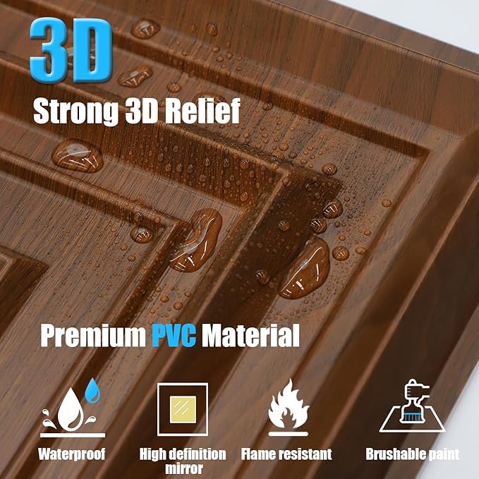 12 Pack PVC Ceiling Tiles 19.7"x19.7" – Gold Mirror & Wood Grain 3D Wall Panels for Wall and Ceiling Decoration,Cover 32.3 Sq.Ft – Waterproof,Lightweigh(Dark Brown, Gold)