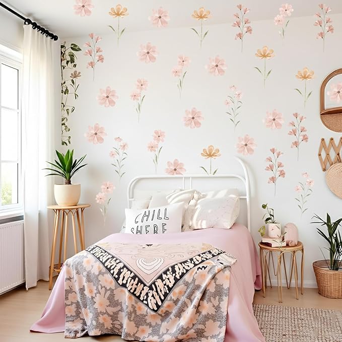 48 PCS Boho Flower Stickers Daisy Wall Decals for Girls' Rooms, Playrooms, and Nurseries Dual Layer Print for High Coverage Removable Peel and Stick Wall Decor