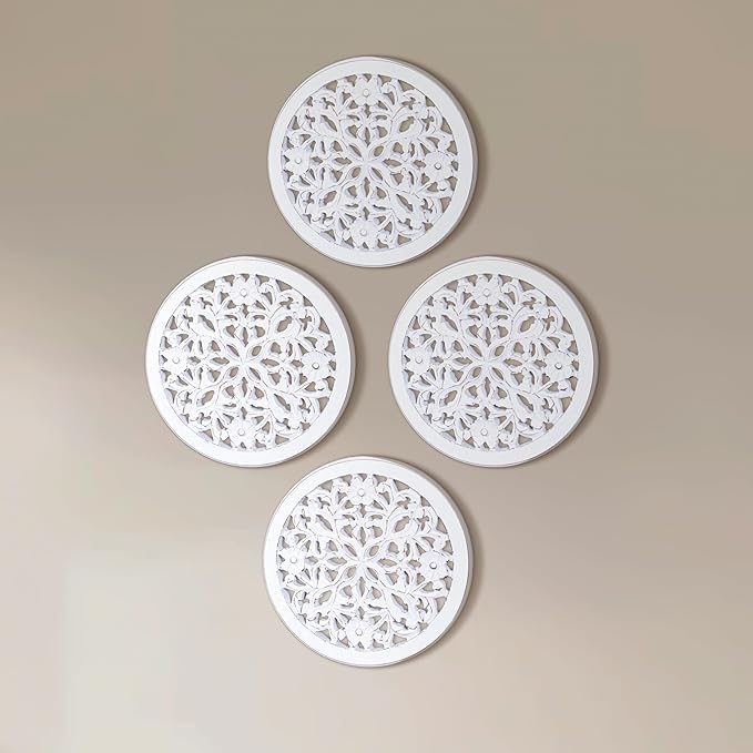 Wood Wall Art - Wall Panels in Handcrafted Carved Wood For Livingroom Bedroom,Dining room,Elegant Decorative Wall Art for Home & Office 12x12" Set of 6 white Antique