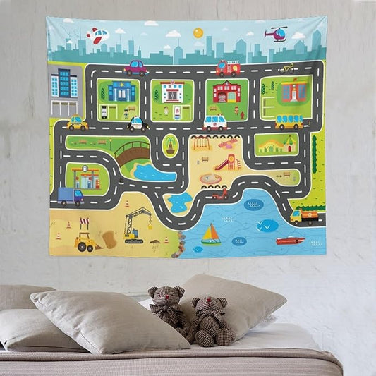 ZhiRain Kid Truck Tapestry Wall Hanging for Boys Construction Car Tractor Cartoon Cute City Street Map Traffic Tapestries Home Decor for Living Room Bedroom Apartment Farmhouse Dorm 50"x60"