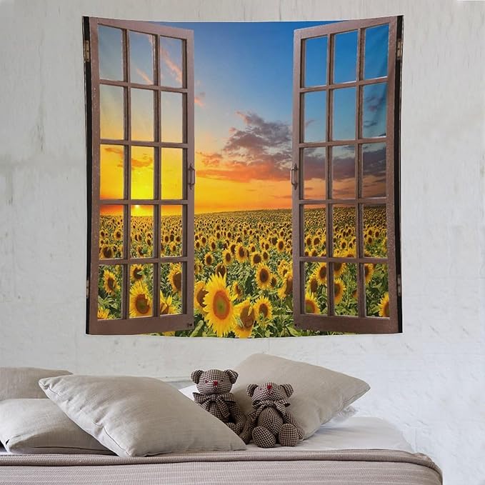 ZhiRain Sunflowers Scenery Tapestry Wall Hanging Through The Window Fields Sunset Landscape Tapestries Home Decor for Living Room Bedroom Apartment Farmhouse Dorm 60"x60"