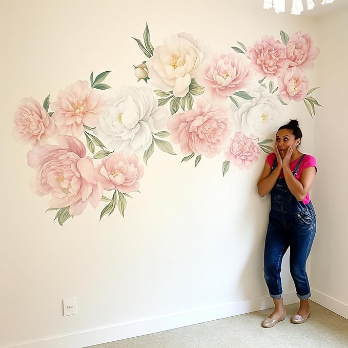 Zonon 6 Pcs Flowers Wall Decals Stickers Vinyl Removable Peel and Stick Colorful Dragonflies Floral Wall Murals Decor for Bedroom Living Room Nursery(Colorful Peony)