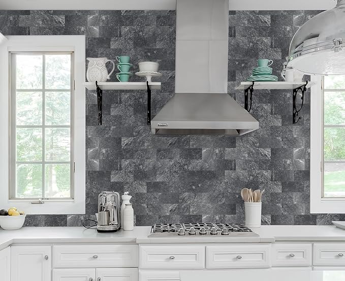 10-Pack Peel and Stick Tile Backsplash 12"X12" PVC Wall Tiles, Stick on Backsplash for Kitchen, Bathroom Tile, Fireplace Décor, Laundry Table, Stair Decals in Dark Rock