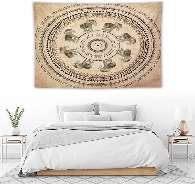 AAVEUP Indian Hippie Bohemian Psychedelic Tapestry Bohemian Brown Abstract Geometric Mandala Flower Vintage Elephant Texture Tapestries for Bedroom Dorm Living Room Decor 60x90in